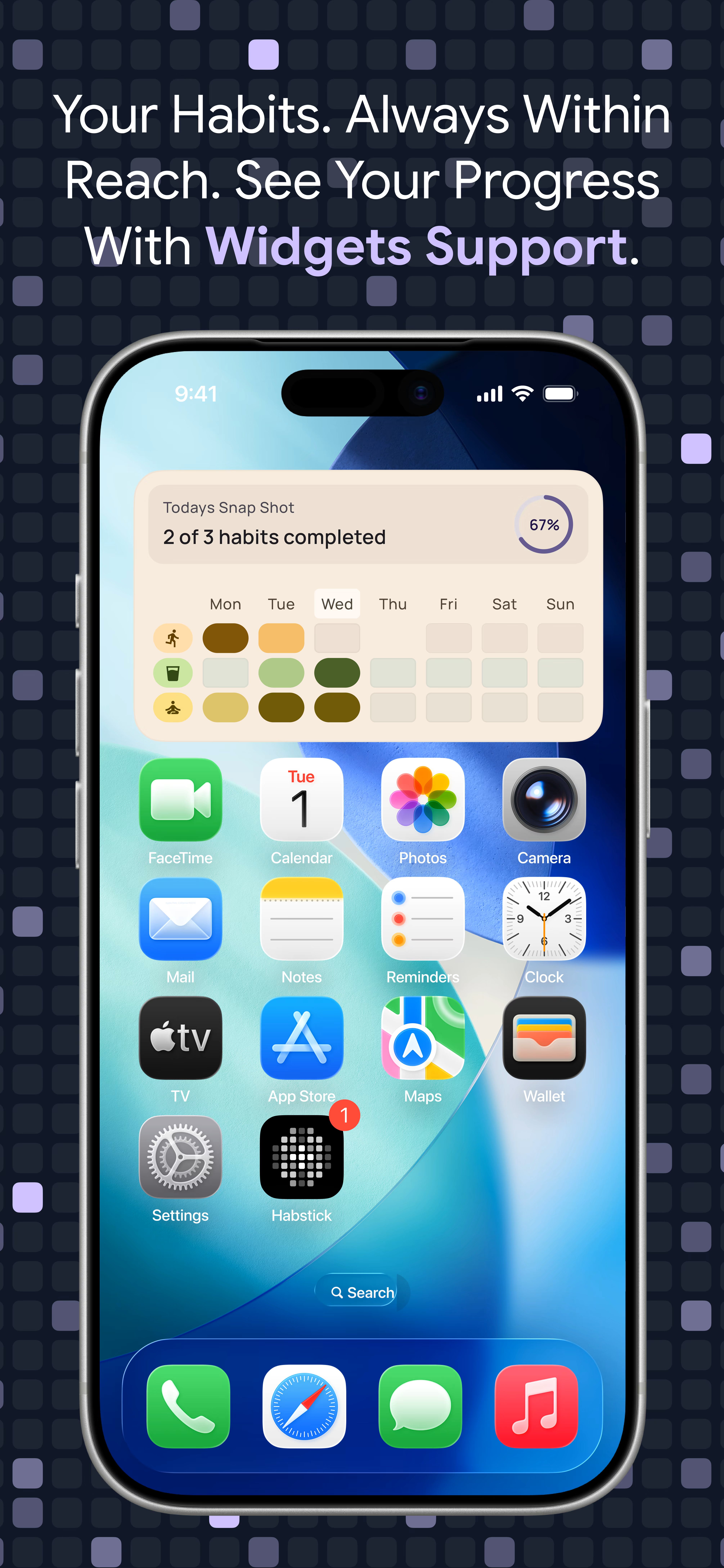 iPhone home screen displaying a HabStick weekly habit progress widget
