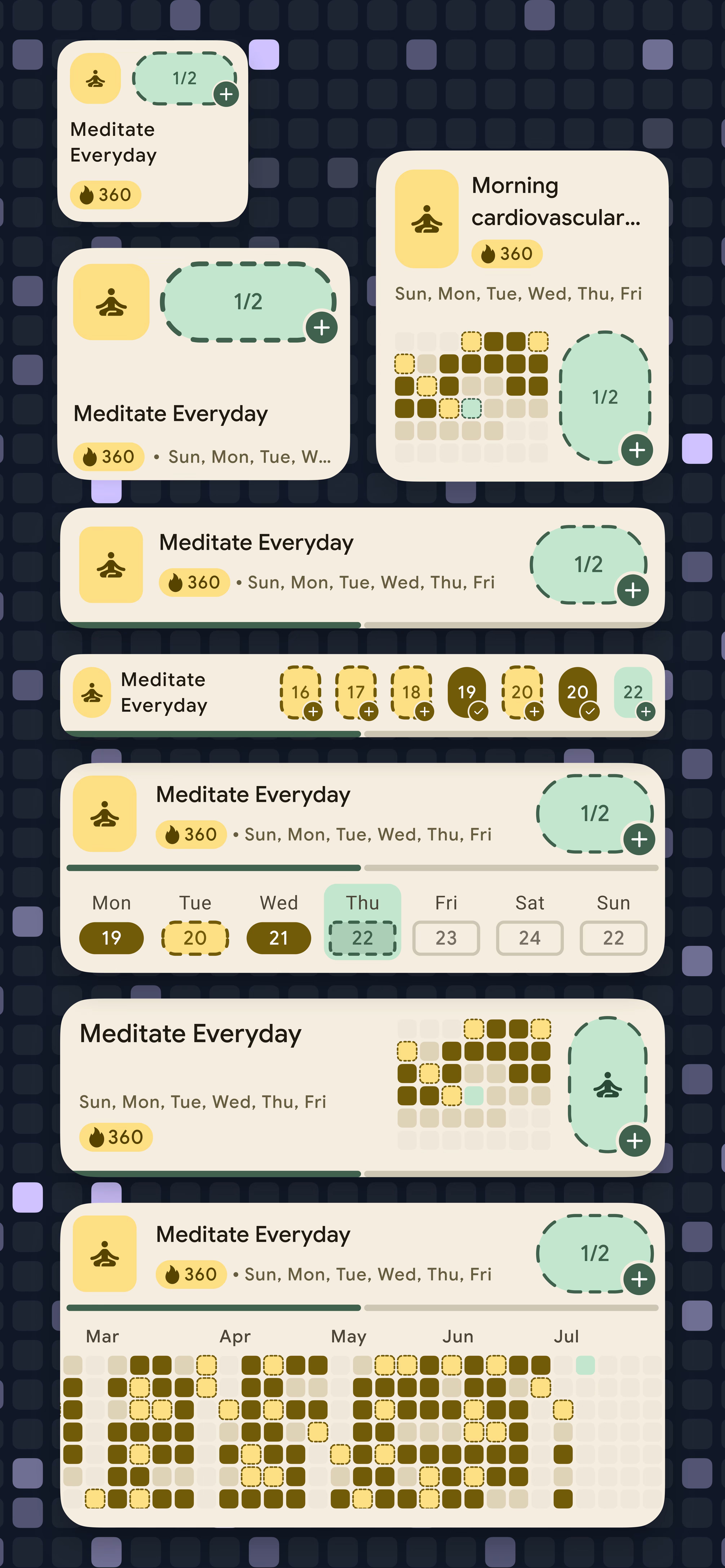 Seven different Habstick habit card layouts, including lists, weekly calendars, and heatmaps