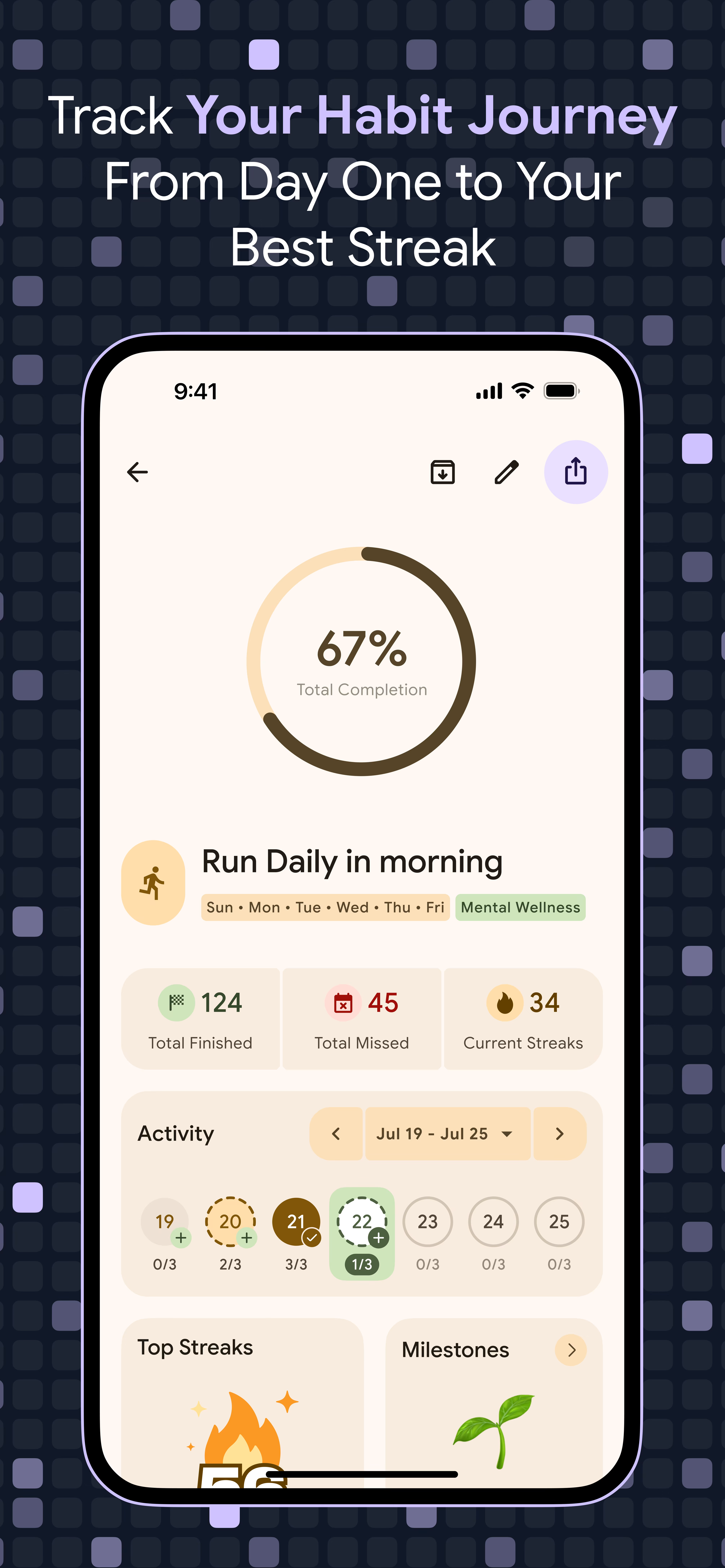 Habstick v2 habit details showing completion, daily activity, streaks, and milestones