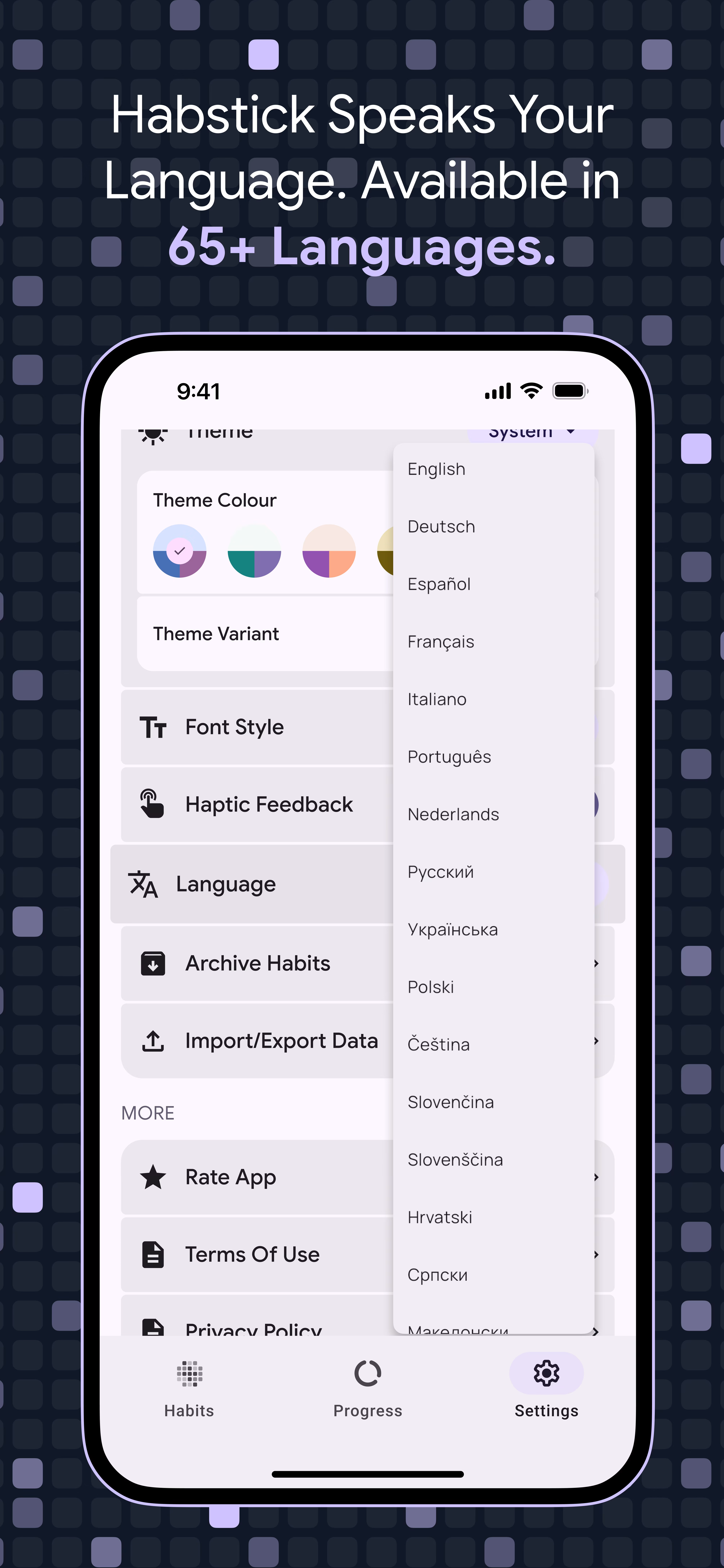 Habstick language selection with English, German, Spanish, French, and more